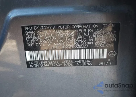 2015 Lexus Is 350 из США, поврежденный, VIN JTHCE1D20F5008528